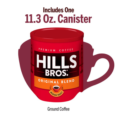A red 11.3 oz Hills Bros. Coffee canister of Original Blend Medium Roast Ground is pictured with a coffee cup shadow, highlighting its classic medium roast and the rich flavor of premium coffee beans.