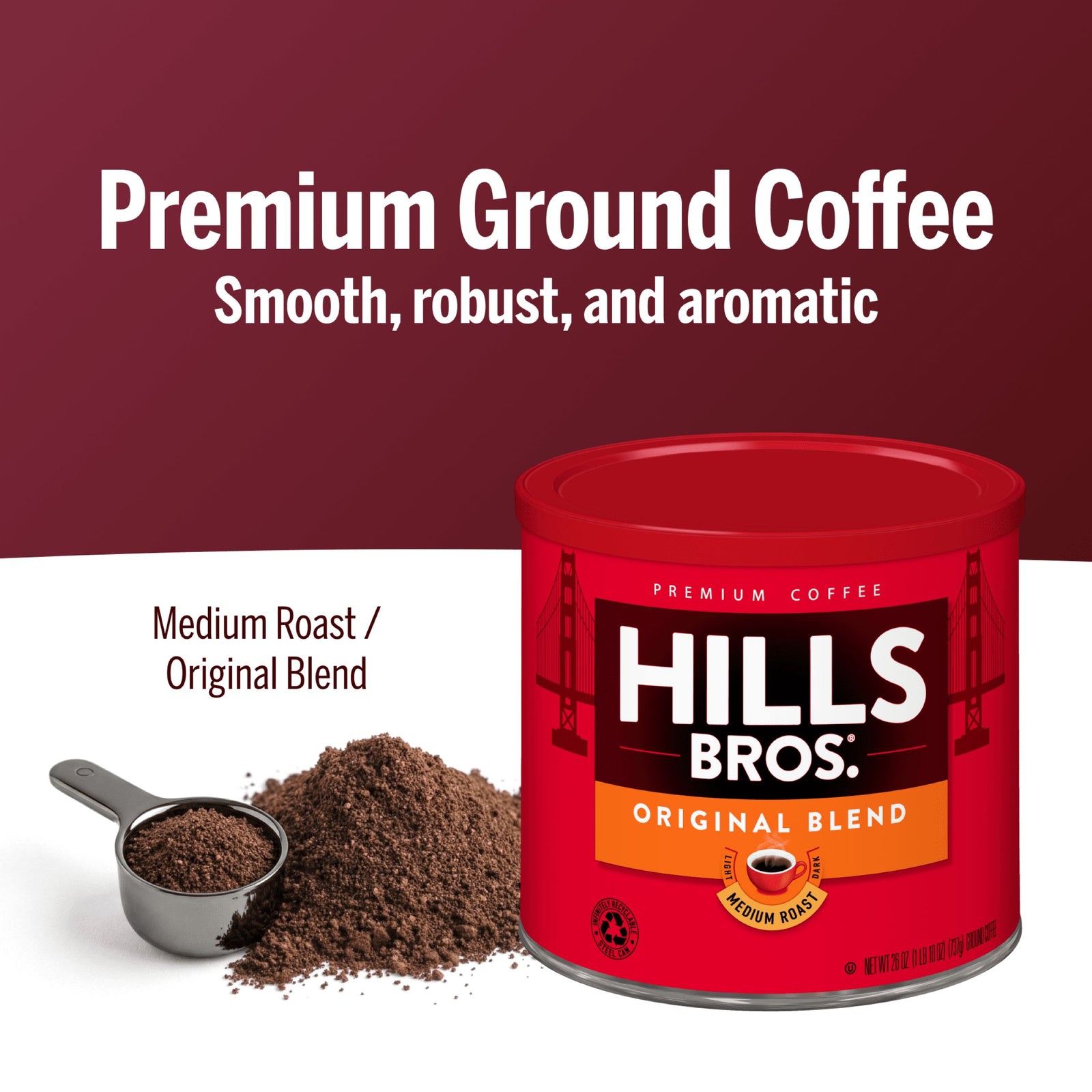 A red can of Hills Bros. Coffee Original Blend - Medium Roast - Ground is shown beside a scoop of coffee, highlighting its aromatic, premium medium roast made from quality beans.