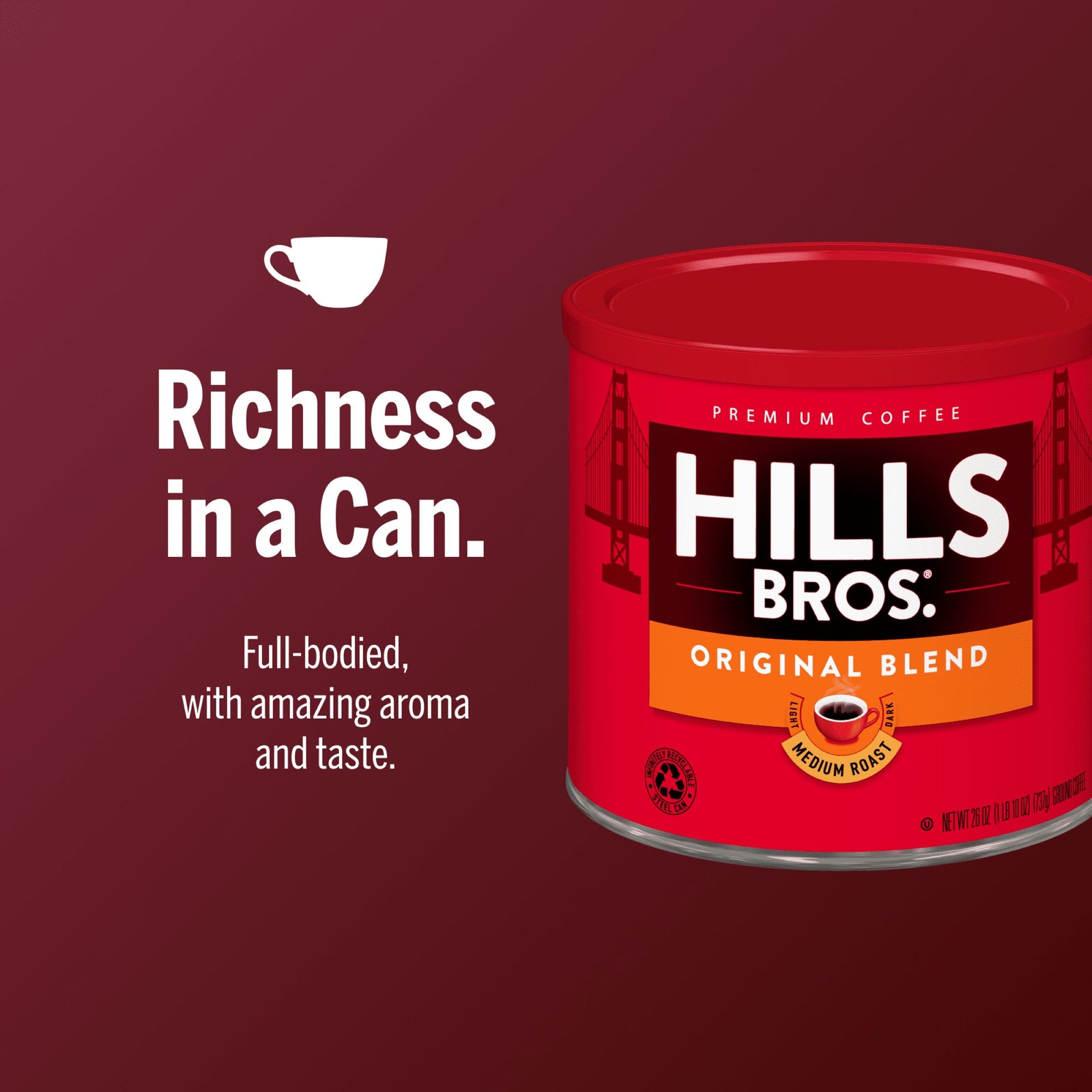 A can of Hills Bros. Coffee Original Blend Medium Roast Ground sits against a red background, offering a full-bodied, rich aroma and taste—crafted from premium beans for an authentic medium roast experience.
