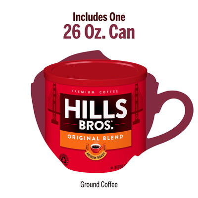 A 26 oz. can of Hills Bros. Coffee Original Blend - Medium Roast ground coffee, featuring a red label with a coffee cup graphic.