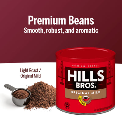 A red can of Hills Bros. Coffee Original Mild Light Roast Ground sits beside a metal scoop of grounds on a white and maroon backdrop with product details above, emphasizing its premium taste.