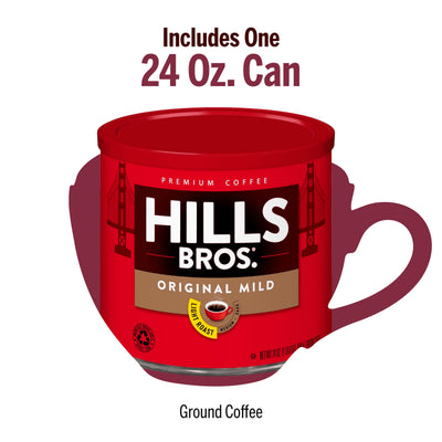 A 24 oz. can of Hills Bros. Coffee Original Mild - Light Roast - Ground, featuring a red label with a coffee cup silhouette in the background, made from premium beans.