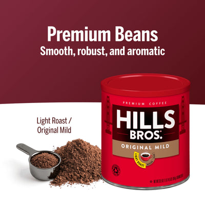 A can of Hills Bros. Coffee Original Mild Light Roast sits beside a metal scoop brimming with ground coffee. Text reads: "Premium beans—smooth, aromatic, and robust flavor.