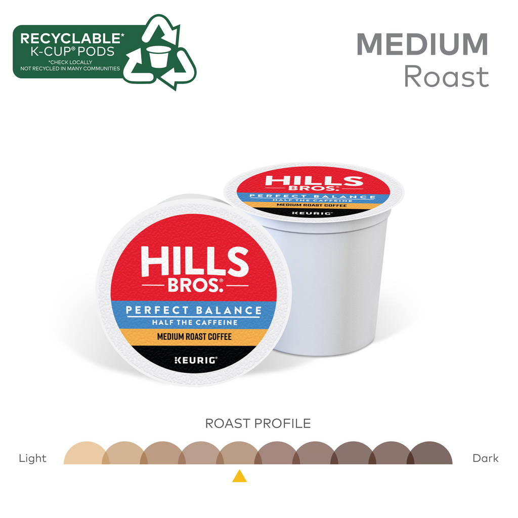 Hills Bros. Coffee's Perfect Balance - Medium Roast K-Cup® Pods are made from premium Arabica beans and feature a recyclable design, with a roast profile scale indicating a medium color.