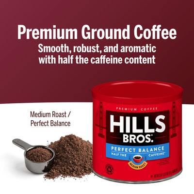 A can of Hills Bros. Coffee Perfect Balance Medium Roast Ground sits next to a scoop and pile of coffee, featuring half the caffeine and made from premium beans.