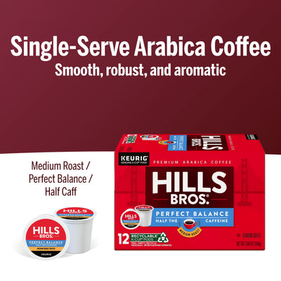 Box of Hills Bros. Coffee Perfect Balance Medium Roast K-Cup® Pods, with two pods shown. Text highlights the smooth, robust, and aromatic taste of this delicious medium roast coffee.