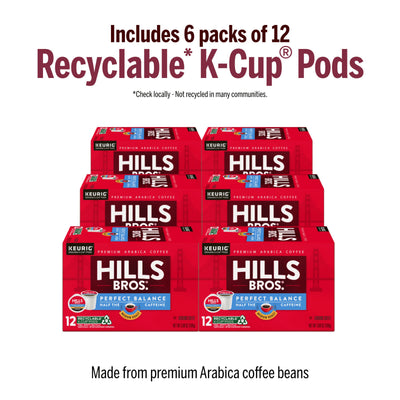 Six boxes of Hills Bros. Coffee Perfect Balance Medium Roast K-Cup® Pods, each box with 12 recyclable pods. Check locally; recycling may not be available everywhere.