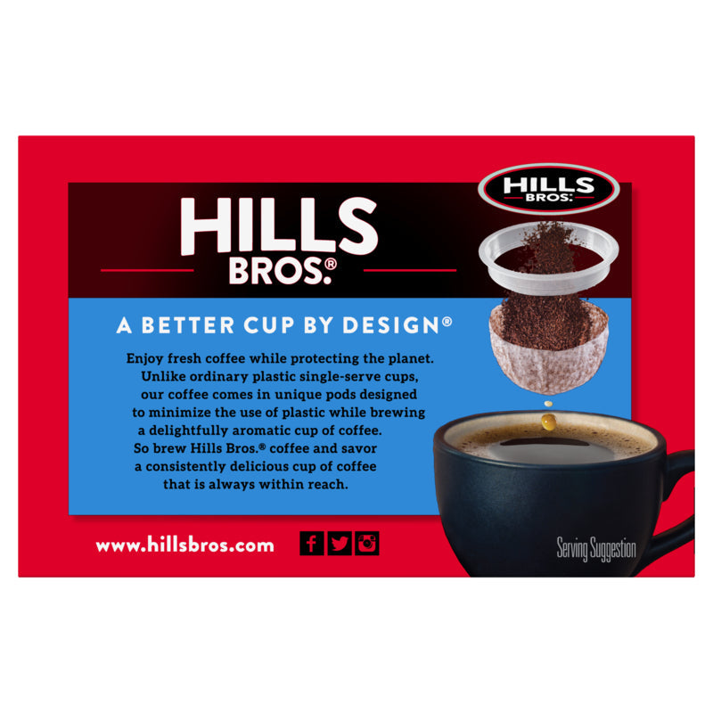 Image of Hills Bros. Coffee packaging highlights the use of Perfect Balance - Medium Roast - Single-Serve Coffee Pods, made with premium Arabica beans, to reduce plastic and ensure a consistently delicious cup of coffee. Showing a cup of coffee and a coffee pod.