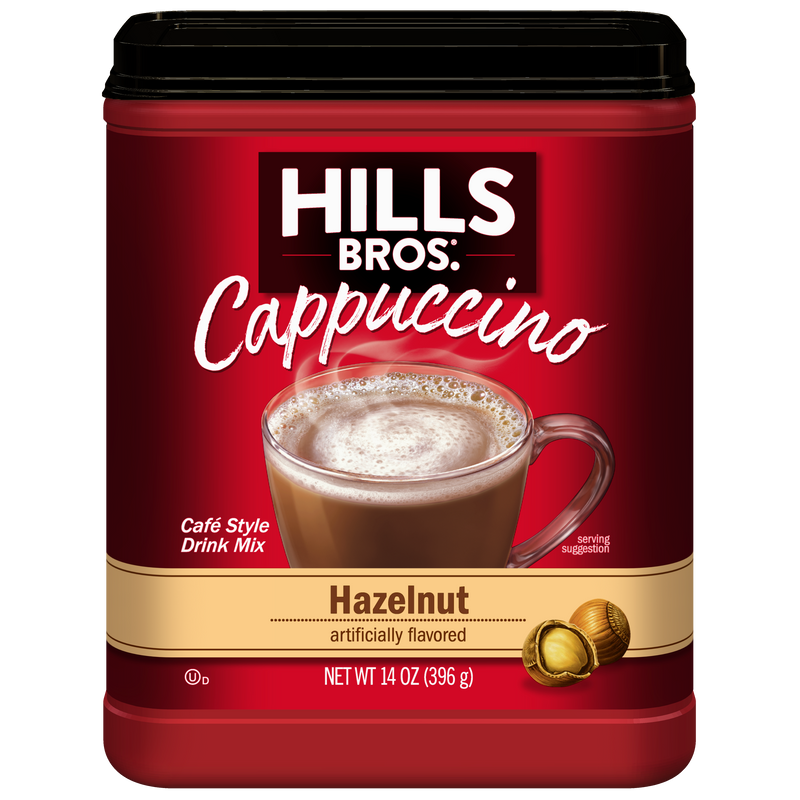 A red container of Hills Bros. Cappuccino Hazelnut - Instant Cappuccino Mix, 14 oz, with a label featuring a cappuccino and hazelnuts for a delicious instant treat.