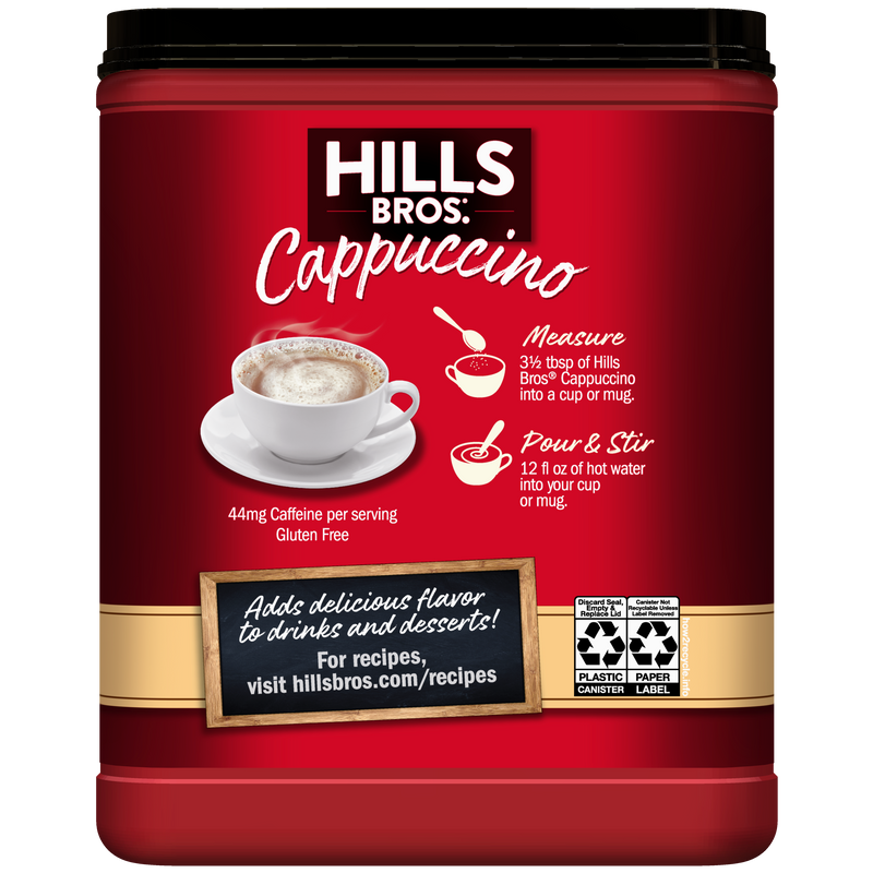 A red container of Hills Bros. Cappuccino Hazelnut Instant Cappuccino Mix with instructions to measure, pour hot water, and stir. Each gluten-free serving has 44mg caffeine—enjoy a quick coffee house hazelnut cappuccino at home.