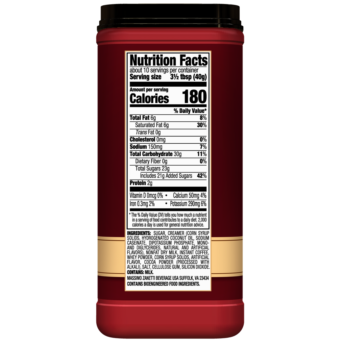 A close-up of the nutrition facts label on a red container of Hills Bros. Cappuccino Hazelnut - Instant Cappuccino Mix, showing serving size, calories, nutritional information per serving, and ingredients list at the bottom.