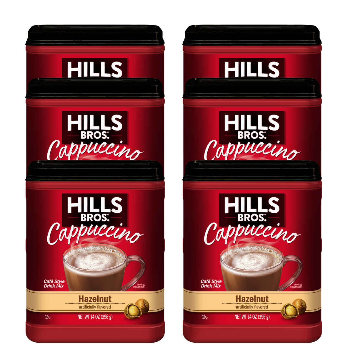 Six 16 oz containers of Hills Bros. Cappuccino Hazelnut - Instant Cappuccino Mix arranged in two rows of three—enjoy delicious instant cappuccino flavor at home.