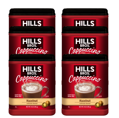 Six 16 oz containers of Hills Bros. Cappuccino Hazelnut - Instant Cappuccino Mix arranged in two rows of three—enjoy delicious instant cappuccino flavor at home.