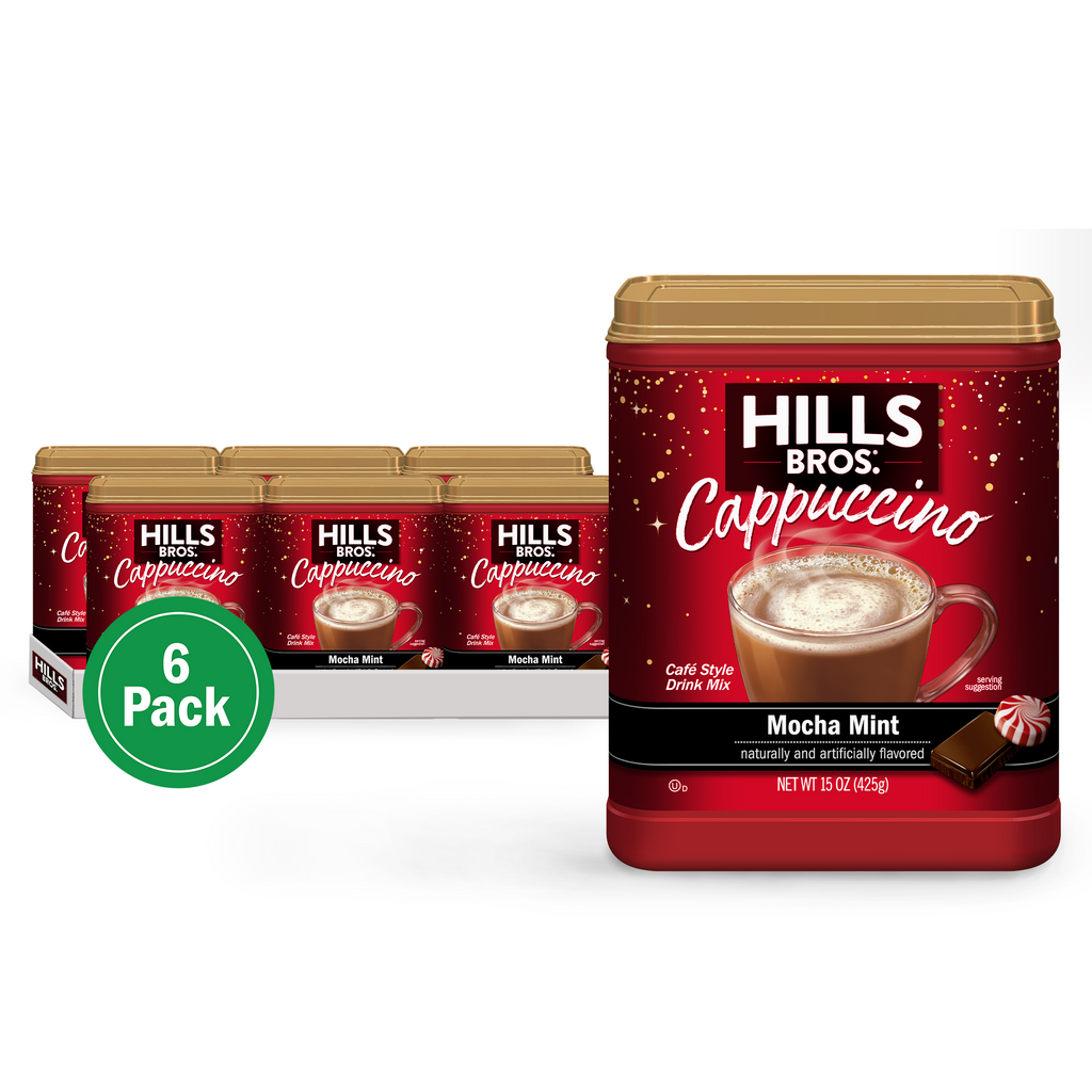 Six-pack of Hills Bros. Cappuccino Instant Cappuccino Mix in Mocha Mint flavor, featuring individual containers with a serving cup image on the label.
