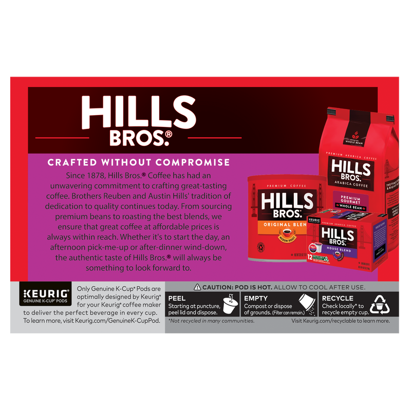 The Hills Bros. Coffee Colombian Medium Roast K-Cup® Pods package features expertly crafted coffee honoring our excellence since 1878. Made with premium Arabica beans, it delivers accessible great-tasting Colombian Blend coffee reflecting our rich heritage.