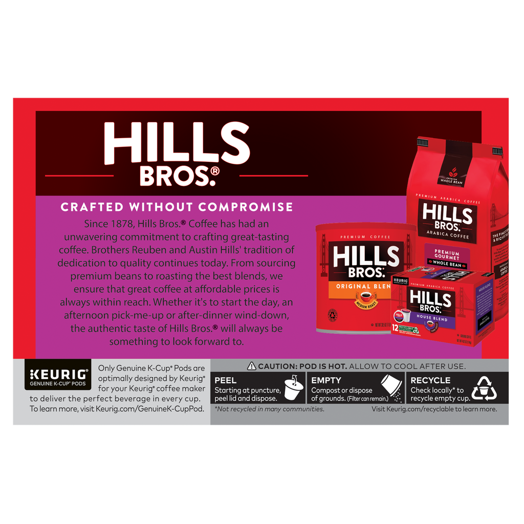 The Hills Bros. Coffee packaging features a vibrant red box decorated with images and text, emphasizing their dedication to quality since 1878. Experience the rich flavor of their Colombian - Medium Roast, crafted with premium Arabica beans, available in convenient Keurig K-Cup® Pods.