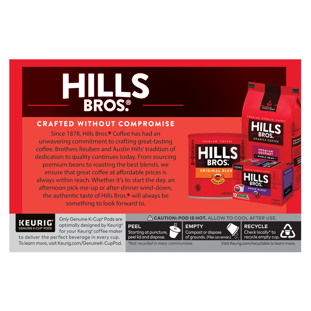 Hills Bros. Coffee's Gourmet Blend - Medium Roast - K-Cup® Pods, in vibrant red, embodies their "crafted without compromise" ethos. Made with 100% Arabica beans, it features Keurig pod recycling info, a hot-use caution, and striking product imagery.