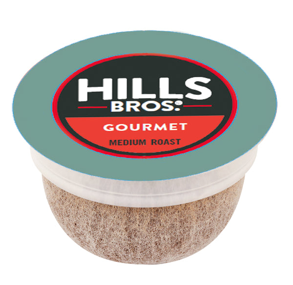A single-serve coffee pod labeled "Gourmet Blend - Medium Roast - Single-Serve Coffee Pods by Hills Bros. Coffee" with a green lid and red circle design, featuring the finest Arabica beans.