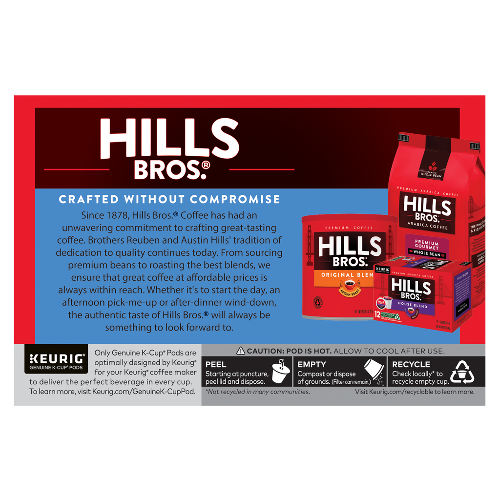 Savor the rich taste of Hills Bros. Coffee's Perfect Balance - Medium Roast - K-Cup® Pods, crafted from premium Arabica beans. Our packaging features recycling instructions for a sustainable choice you'll appreciate.