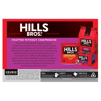Hills Bros. Coffee's Colombian - Medium Roast K-Cup® Pods packaging emphasizes the brand's rich history and commitment to quality, showcasing product images with 100% Arabica beans and Keurig compatibility.