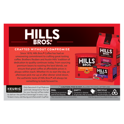Hills Bros. Coffee, a hallmark of quality since 1878, presents the Gourmet Blend - Medium Roast K-Cup® Pods, made from premium Arabica beans. Enjoy Keurig compatibility and follow our simple recycling steps to savor excellence sustainably.