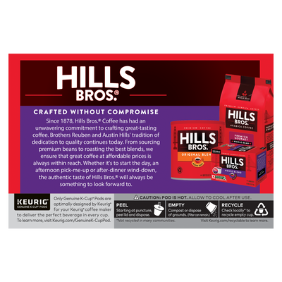 Hills Bros. Coffee packaging features House Blend - Dark Roast K-Cup® Pods, emphasizing their commitment to high-quality dark roasted coffee since 1878, crafted from premium Arabica beans.