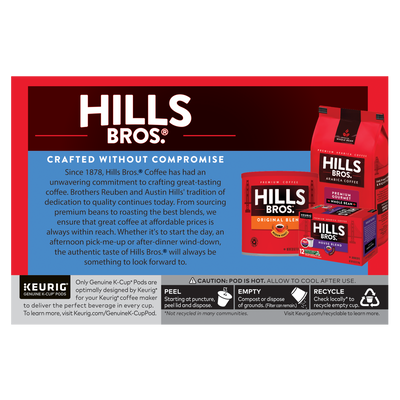 The Hills Bros. Coffee package for Perfect Balance - Medium Roast K-Cup® Pods features medium roasted Arabica beans and emphasizes the brand’s quality commitment since 1878, with recycling instructions at the bottom.