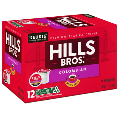 Enjoy the bold taste of Hills Bros. Coffee Colombian Blend with our red box of K-Cup® pods featuring the Golden Gate Bridge. Made from premium Arabica beans, these medium roast pods are rich in flavor and environmentally friendly, containing 12 recyclable pods.