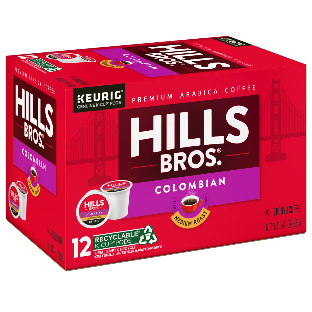 Enjoy the bold taste of Hills Bros. Coffee Colombian Blend with our red box of K-Cup® pods featuring the Golden Gate Bridge. Made from premium Arabica beans, these medium roast pods are rich in flavor and environmentally friendly, containing 12 recyclable pods.