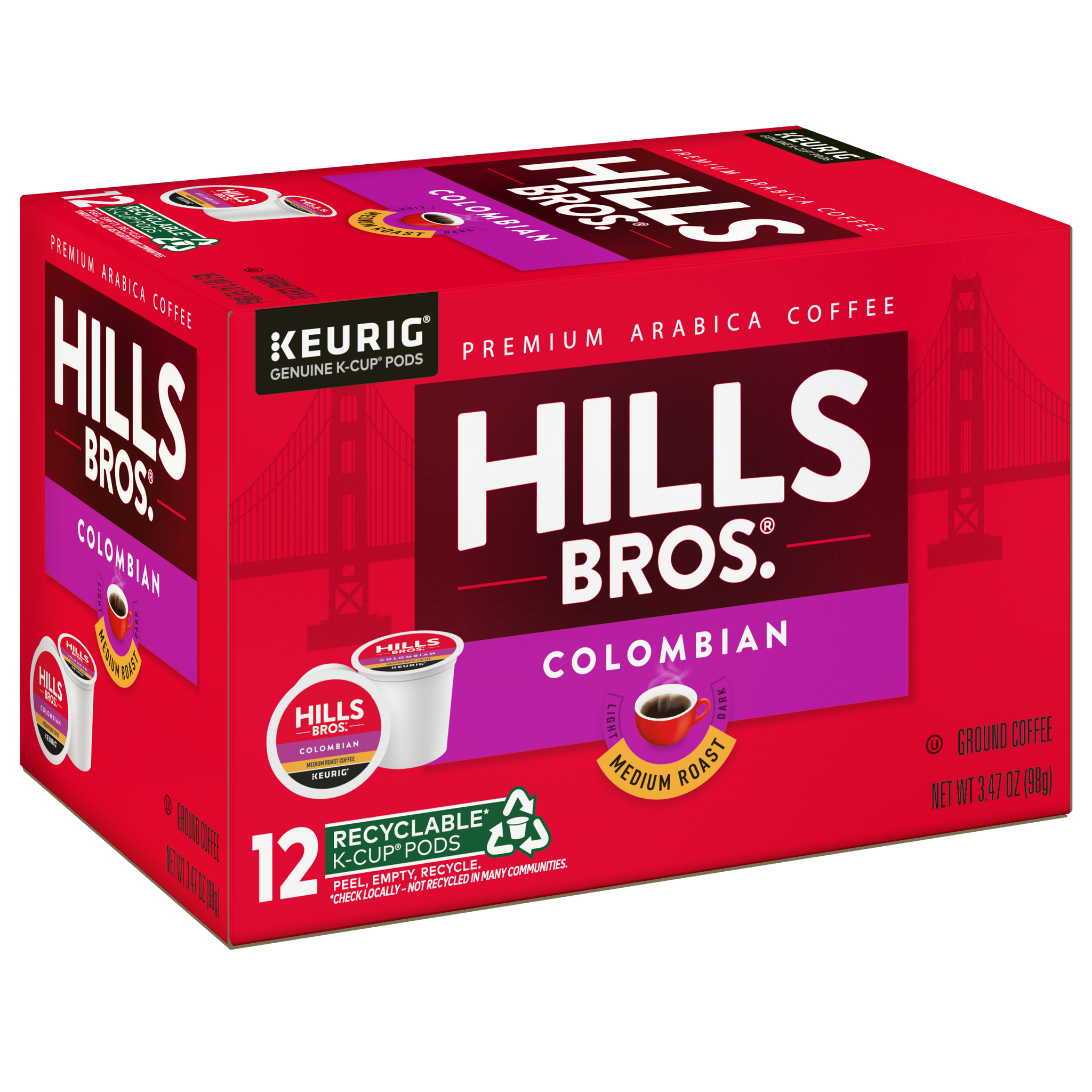 Hills Bros.100% Colombian Arabica Medium Roast, K-Cup Coffee Pods, 12-Count Box