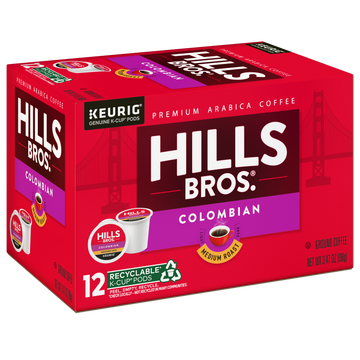 A red box of Hills Bros. Coffee Colombian - Medium Roast Keurig K-Cup® Pods, featuring an image of two cups and the Golden Gate Bridge. It includes 12 recyclable pods crafted from premium Arabica beans and is labeled as a medium roast.