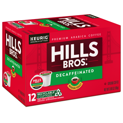 Hills Bros. Coffee's Decaf Blend - Medium Roast comes in a red box with 12 recyclable K-Cup® pods, made from Arabica beans, and is compatible with Keurig machines.