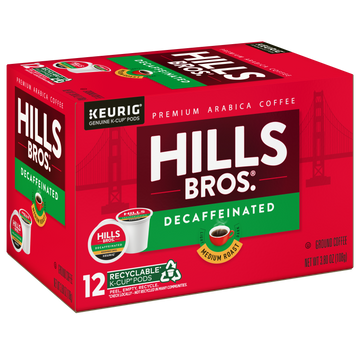 Hills Bros. Coffee's Decaf Blend - Medium Roast comes in a red box with 12 recyclable K-Cup® pods, made from Arabica beans, and is compatible with Keurig machines.