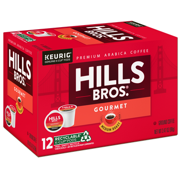 Box of Hills Bros. Coffee Gourmet Blend medium roast K-Cup® Pods, crafted with rich Arabica beans, includes 12 recyclable pods set against a vibrant red background.