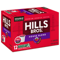 A vibrant red box of Hills Bros. Coffee's House Blend K-Cup® Pods features dark roast Arabica beans compatible with Keurig machines. It includes 12 eco-friendly, recyclable pods, promising a delightful coffee experience.