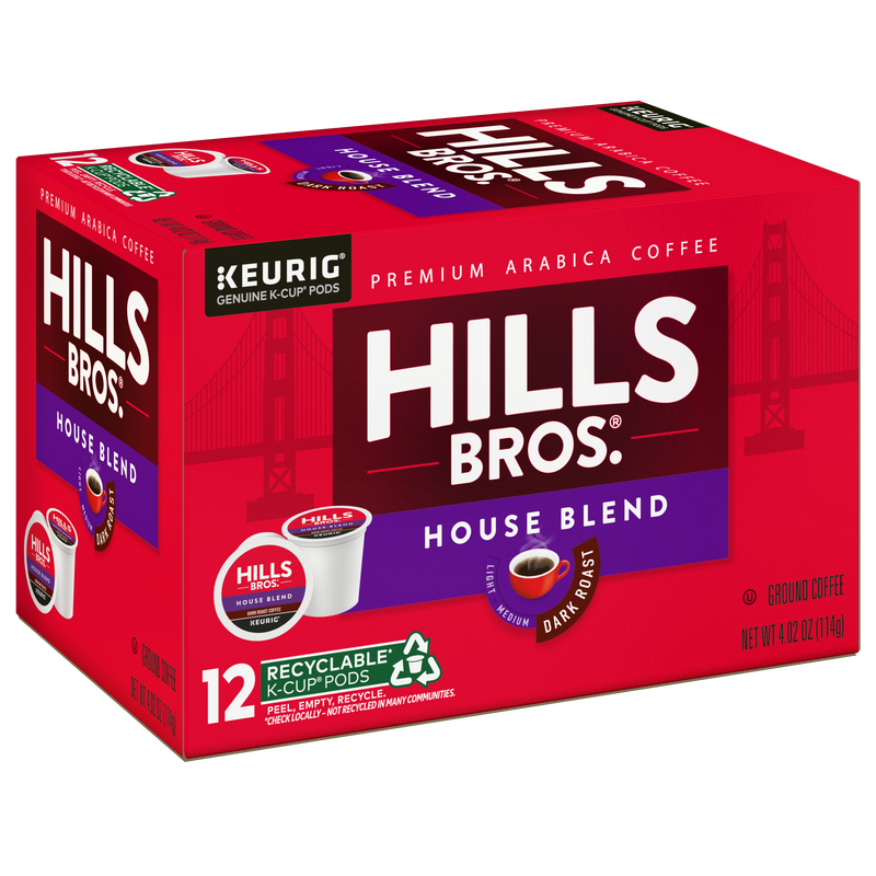 A vibrant red box of Hills Bros. Coffee's House Blend K-Cup® Pods features dark roast Arabica beans compatible with Keurig machines. It includes 12 eco-friendly, recyclable pods, promising a delightful coffee experience.