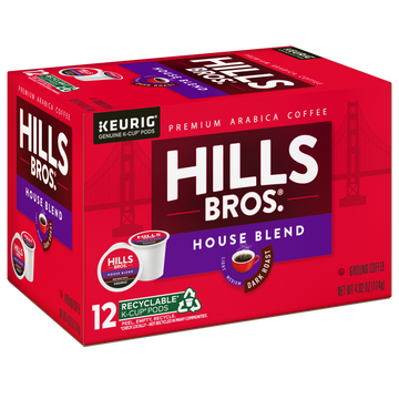 A vibrant red box of Hills Bros. Coffee's House Blend K-Cup® Pods features dark roast Arabica beans compatible with Keurig machines. It includes 12 eco-friendly, recyclable pods, promising a delightful coffee experience.