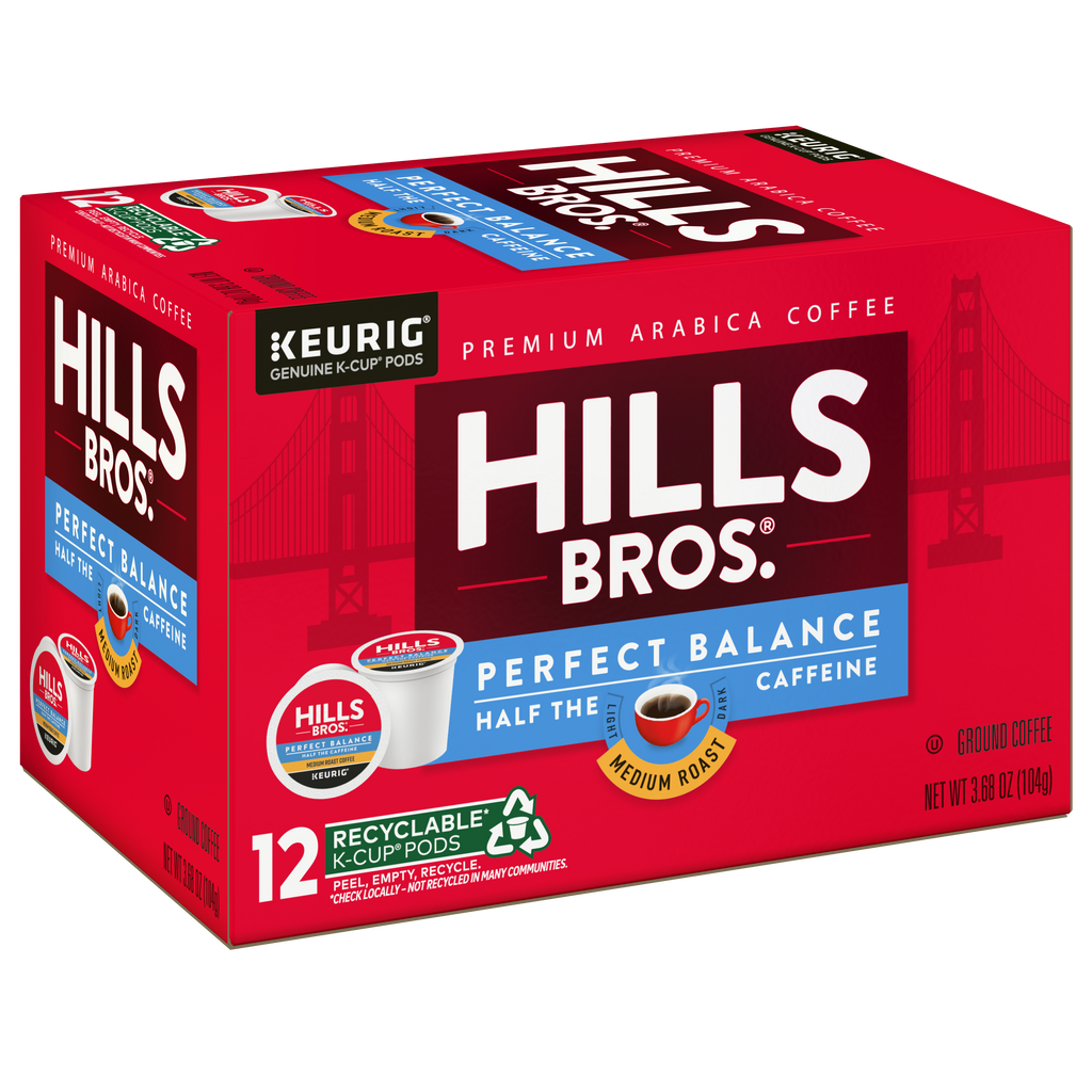 A box of Hills Bros. Coffee Perfect Balance - Medium Roast K-Cup® Pods for Keurig, made with premium Arabica beans, offers half the caffeine and comes with recyclable pods.