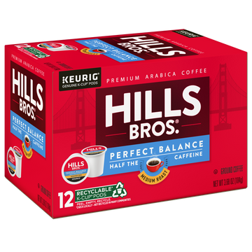 Explore Hills Bros. Coffee's Perfect Balance K-Cup® Pods, a red box containing 12 recyclable Keurig pods with medium roasted Arabica beans and half the caffeine, adorned with Golden Gate Bridge imagery.