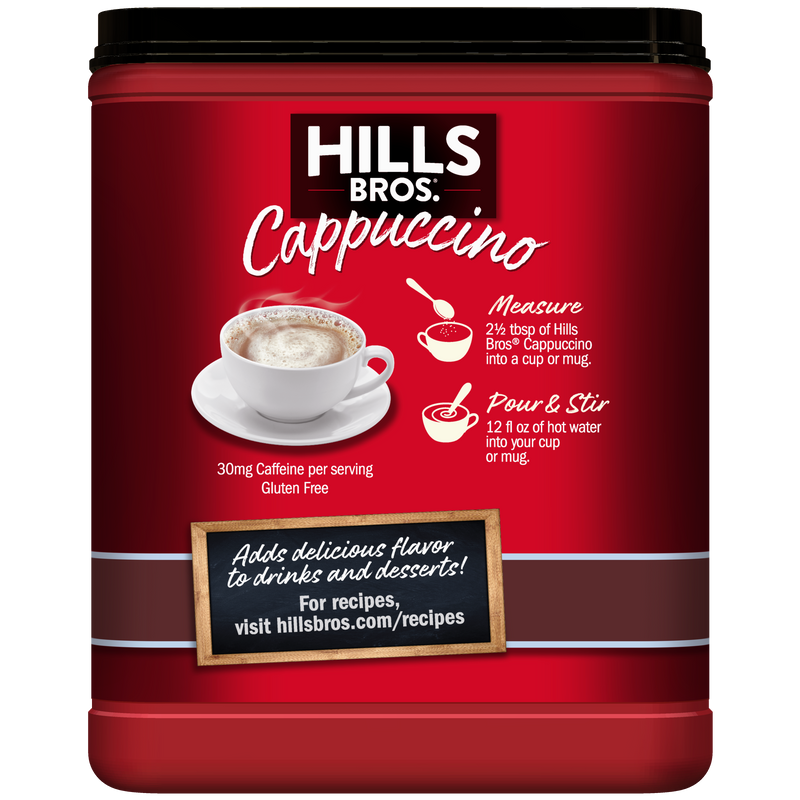 A red container of Hills Bros. Cappuccino Sugar-Free Double Mocha Instant Cappuccino Mix features preparation instructions and a cappuccino photo on the front label.