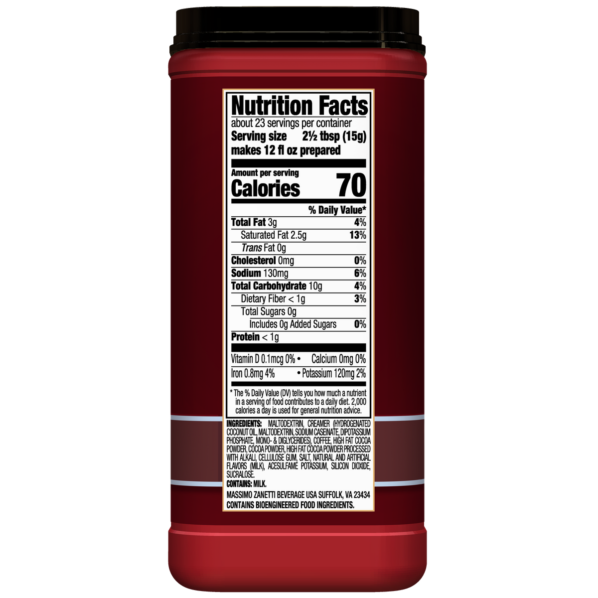 The back of a Hills Bros. Cappuccino Sugar-Free Double Mocha Instant Cappuccino Mix container features a Nutrition Facts label with serving sizes, calorie info, and a list of ingredients.