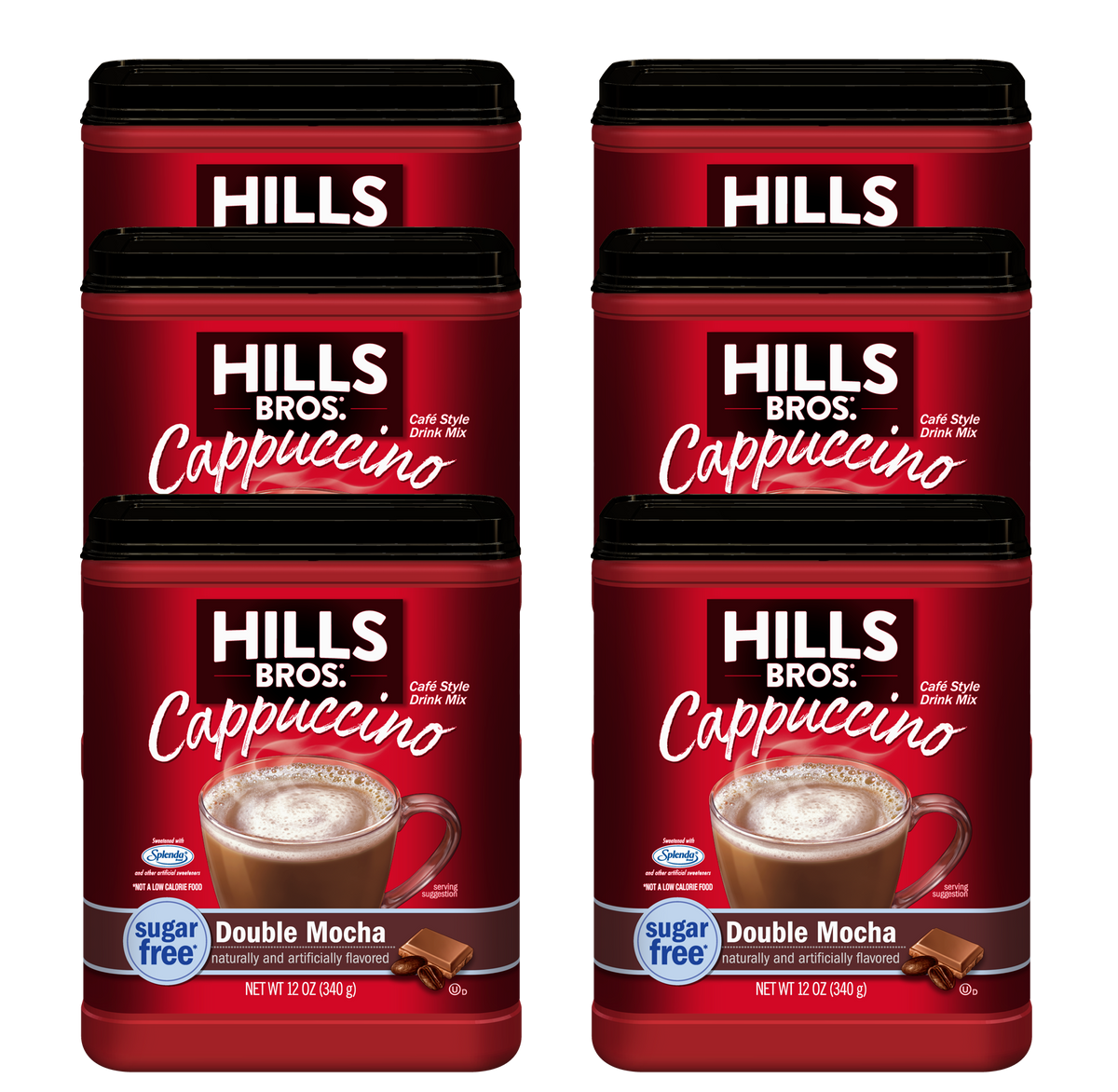 Six 12-oz containers of Hills Bros. Cappuccino Sugar-Free Double Mocha Instant Cappuccino Mix, arranged in two rows of three—a delicious low-calorie coffee drink option.