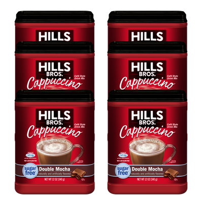 Six 12-oz containers of Hills Bros. Cappuccino Sugar-Free Double Mocha Instant Cappuccino Mix, arranged in two rows of three—a delicious low-calorie coffee drink option.