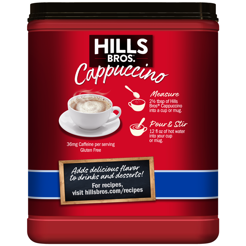 A red container of Hills Bros. Cappuccino Sugar-Free French Vanilla Instant Cappuccino Mix with preparation instructions, a cappuccino cup image, and a note about recipes at hillsbros.com/recipes.