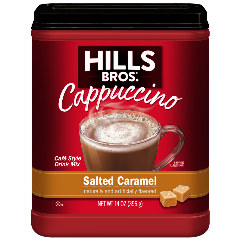 A 14 oz container of Hills Bros. Cappuccino Salted Caramel - Instant Cappuccino Mix, with a label showing a cappuccino and caramel pieces, delivers creamy caramel flavor in every cup.