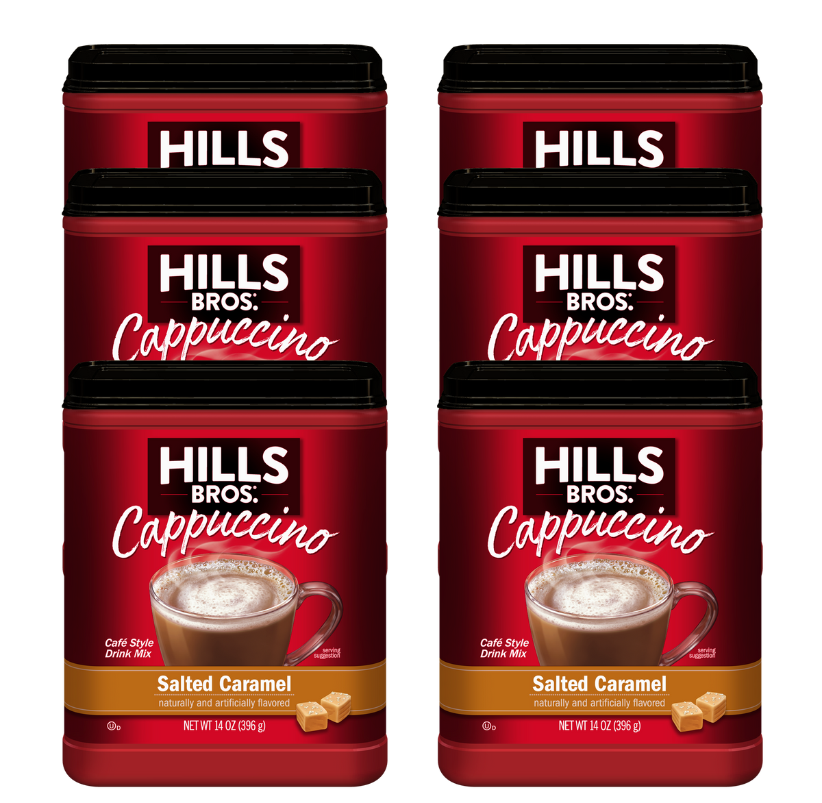 Six containers of Hills Bros. Cappuccino Salted Caramel Instant Cappuccino Mix, each featuring a red label with an image of a mug filled with creamy caramel cappuccino.
