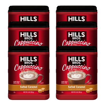 Six containers of Hills Bros. Cappuccino Salted Caramel Instant Cappuccino Mix, each featuring a red label with an image of a mug filled with creamy caramel cappuccino.