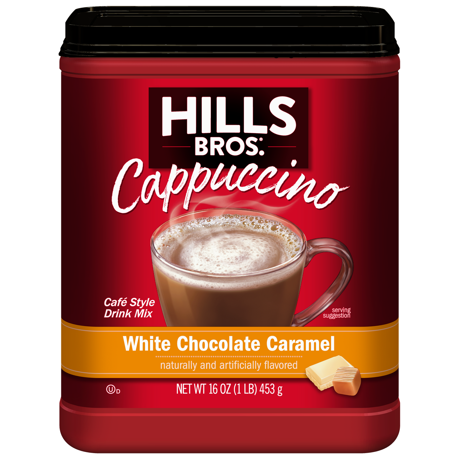 A 16 oz container of Hills Bros. Cappuccino White Chocolate Caramel Instant Cappuccino Mix featuring a cappuccino in a clear mug on the front.