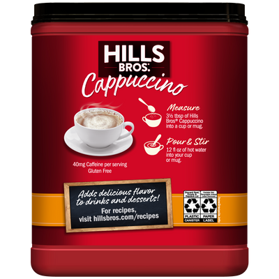 A container of Hills Bros. Cappuccino White Chocolate Caramel Instant Cappuccino Mix displays measuring and mixing instructions on the label, along with a photo of a creamy cappuccino in a cup.