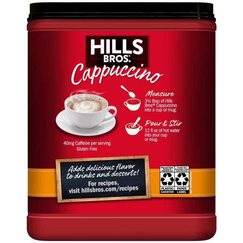 A container of Hills Bros. Cappuccino White Chocolate Caramel Instant Cappuccino Mix displays measuring and mixing instructions on the label, along with a photo of a creamy cappuccino in a cup.